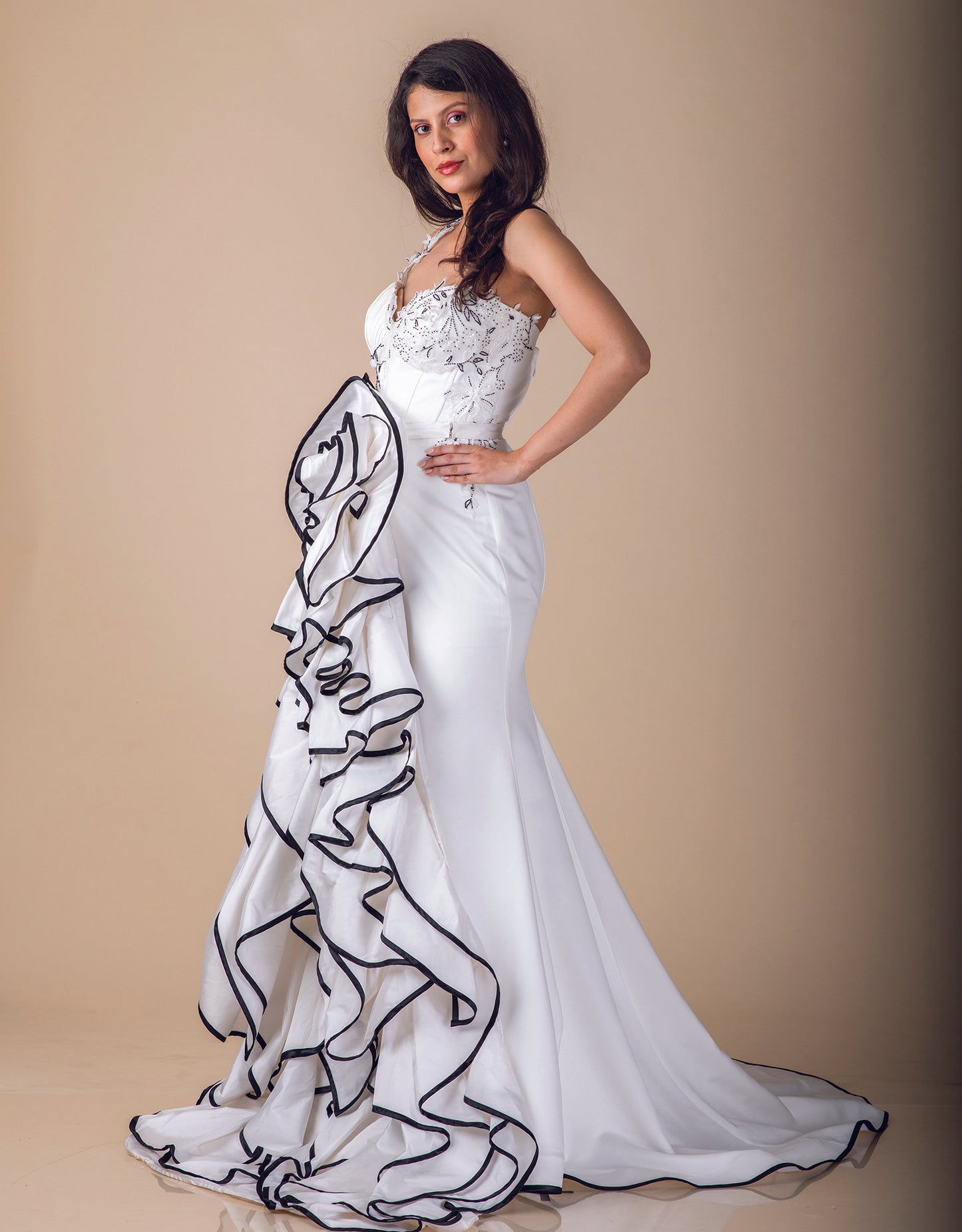Side angle of Dijon gown silhouette wholesale couture