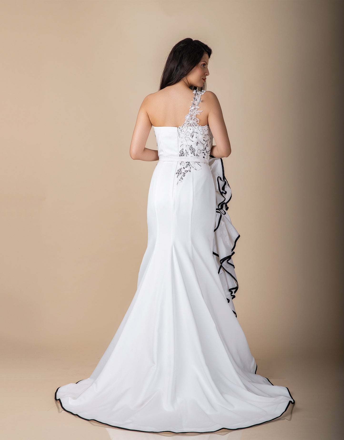 Dijon gown back view wholesale showcasing train and details