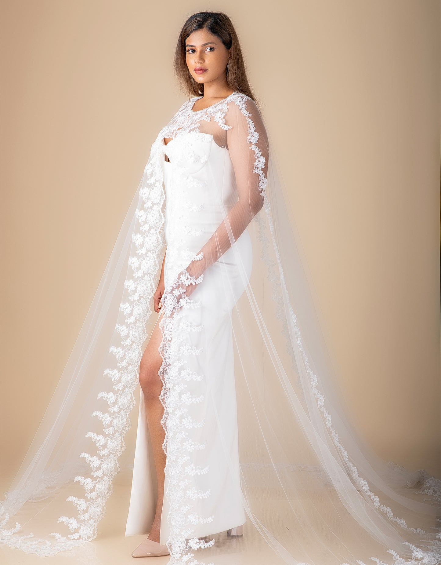 Close-up of Denis cape embroidery wholesale detailing