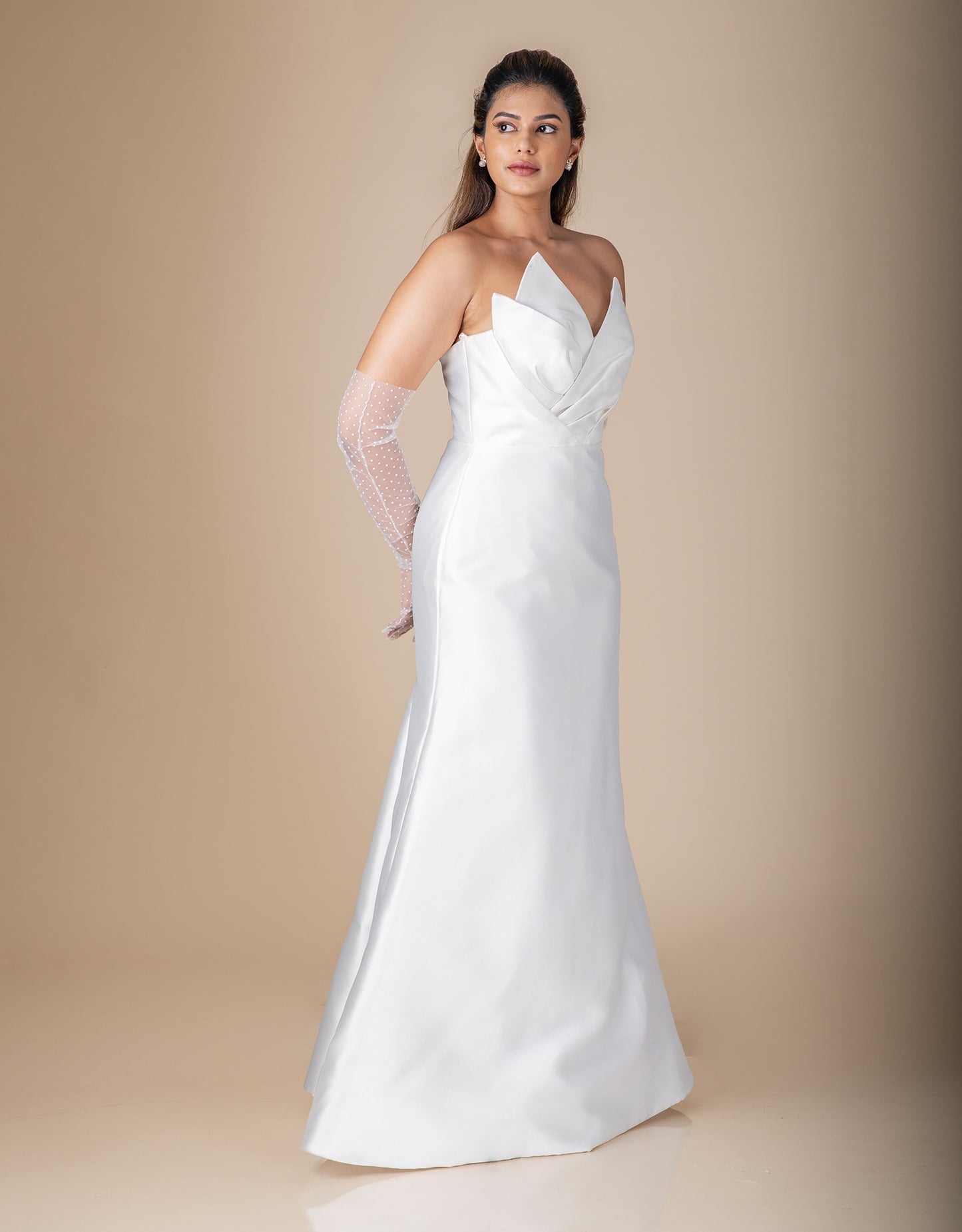 Side angle of Malaga gown silhouette wholesale couture bridal