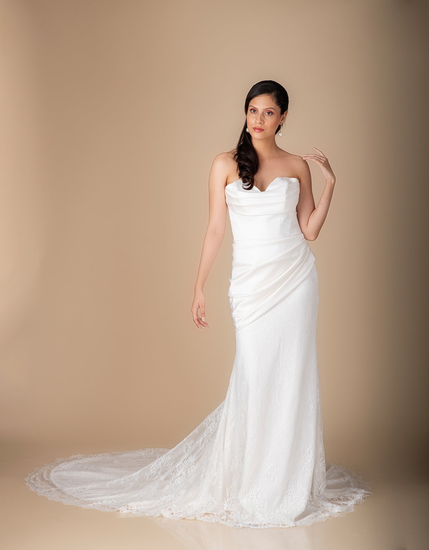 Close-up of Madrid gown embroidery wholesale couture detailing