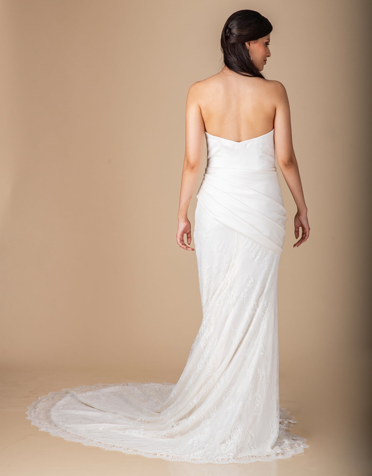 Side angle of Madrid gown silhouette wholesale couture bridal