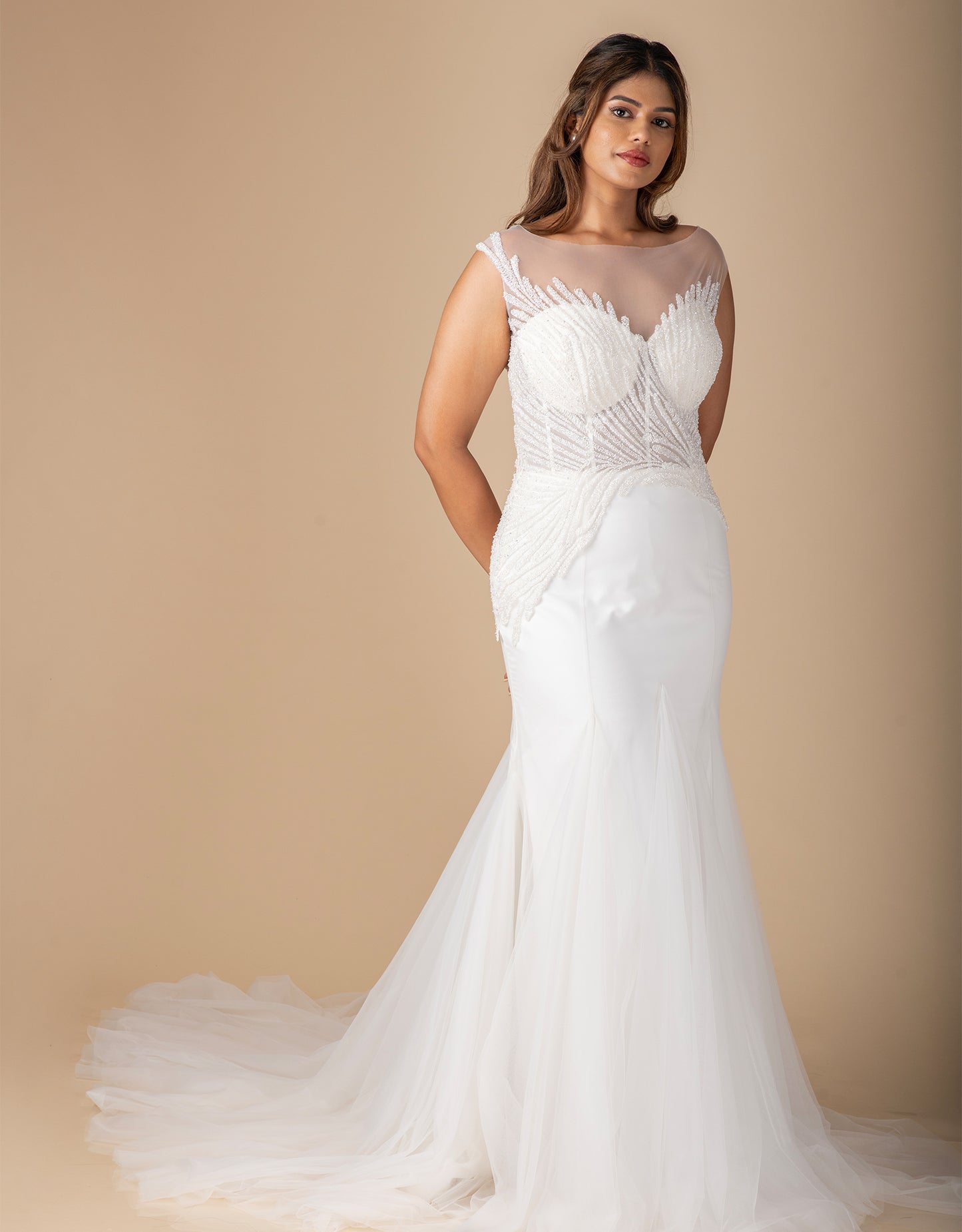 Lille gown wholesale back view showcasing train and couture details