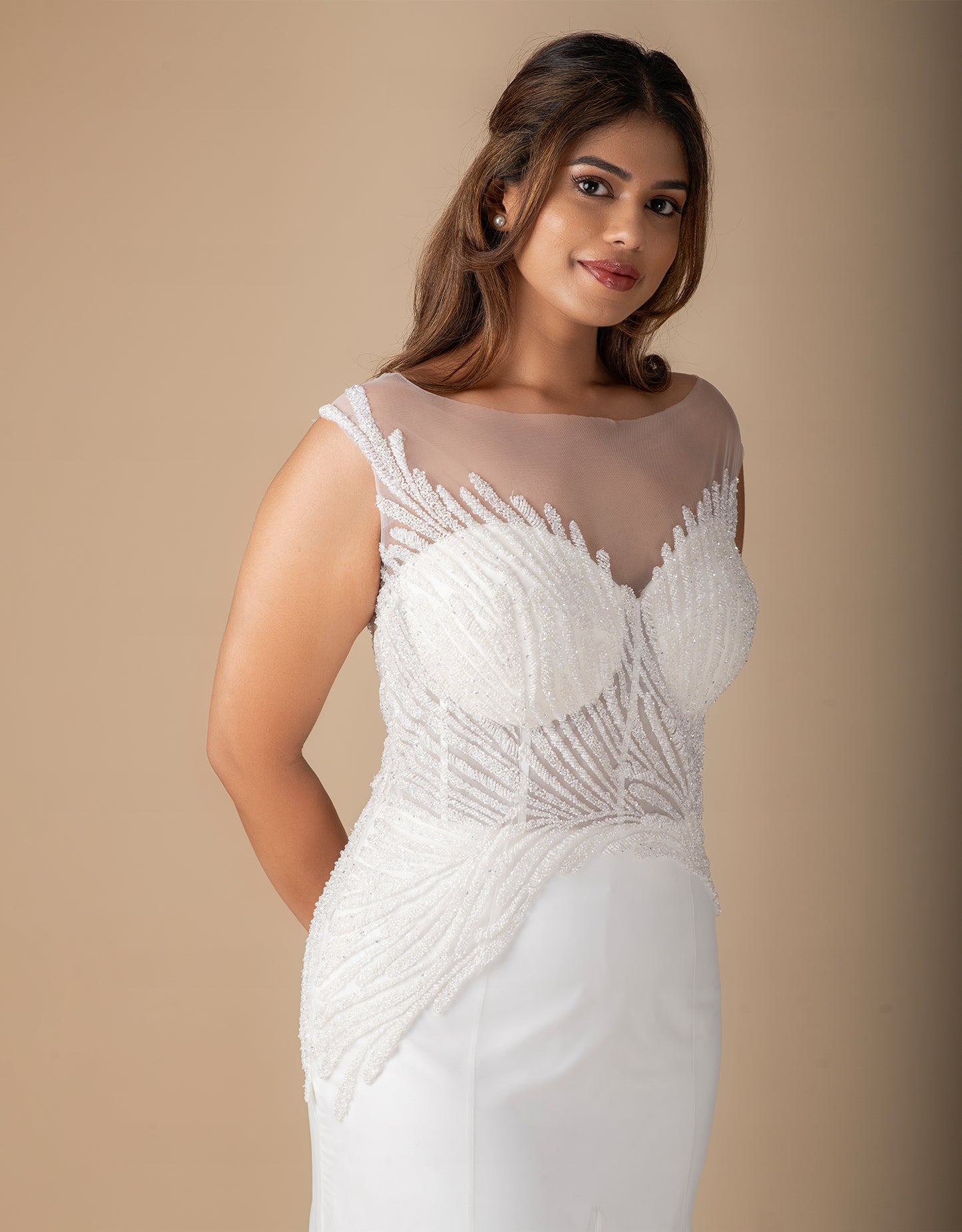 Close-up of Lille gown embroidery wholesale couture detailing