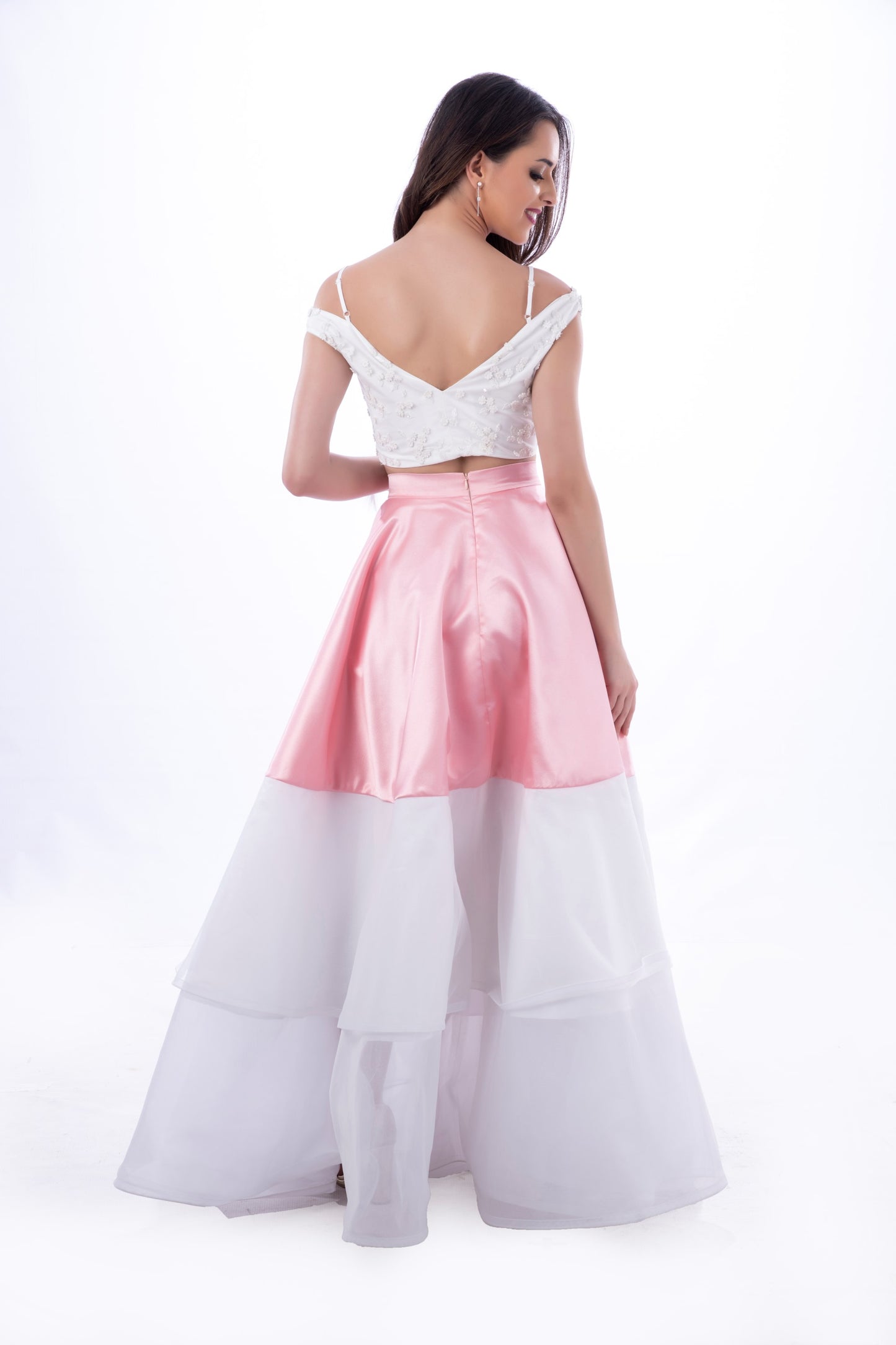 Side angle view of Angila couture gown wholesale