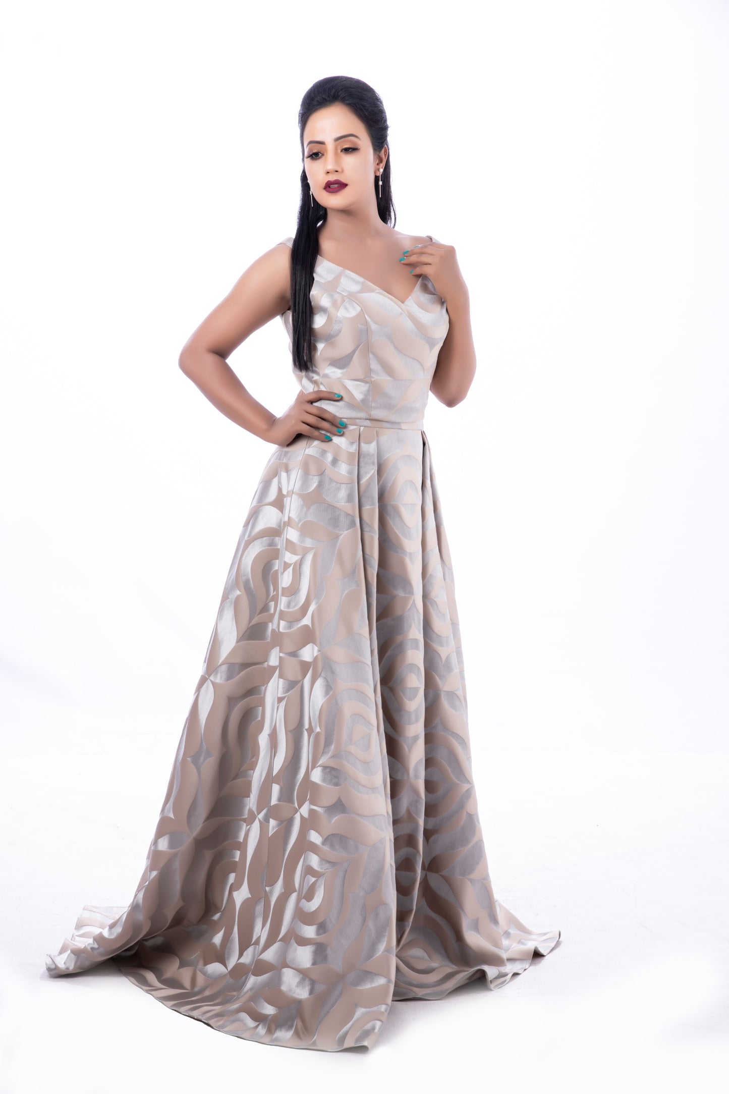 Train embroidery detail of Carol gown wholesale couture