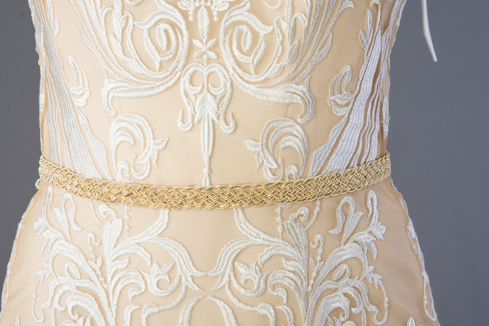 Close-up of Golden French Braid belt detailing wholesale couture