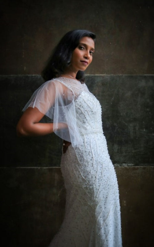 Close-up of Daren gown embroidery wholesale bridal couture