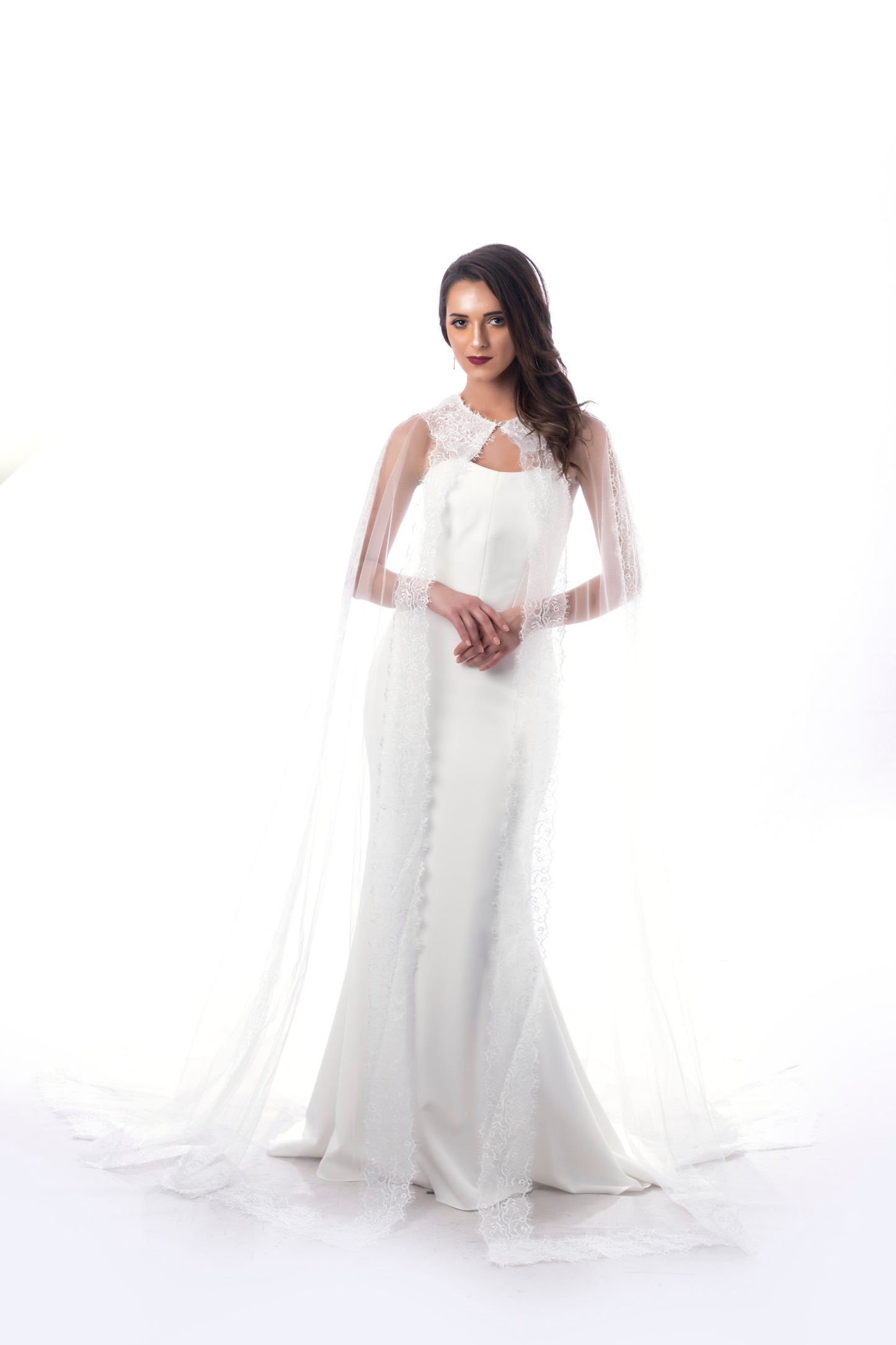 Close-up of King Cape detailing wholesale couture bridal cape