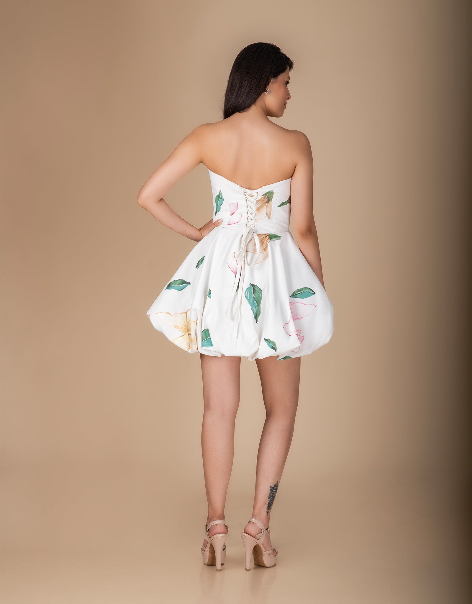 short white wedding reception dress Bubble hem mini La Novale Atelier engagement photoshoot Merces - Short White Wedding